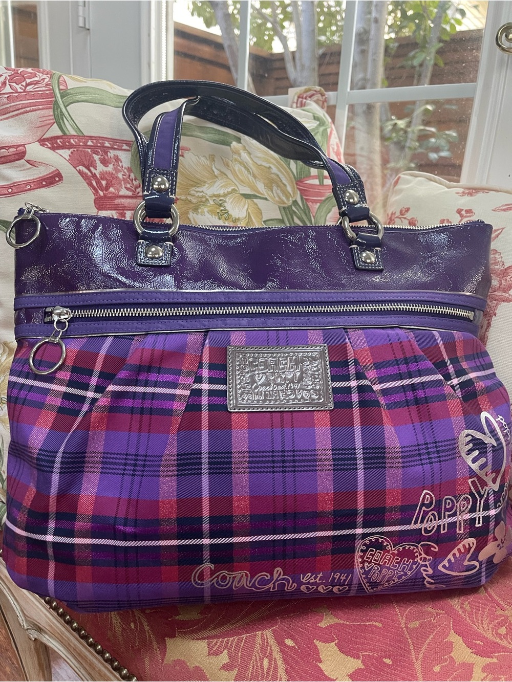 Coach Poppy Purple Plaid Tote Bag